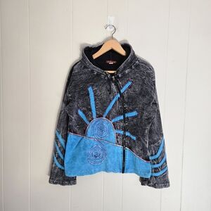 Winhorse Gray and Blue Hoodie with Sun Design boho festival artsy Art to Wear L
